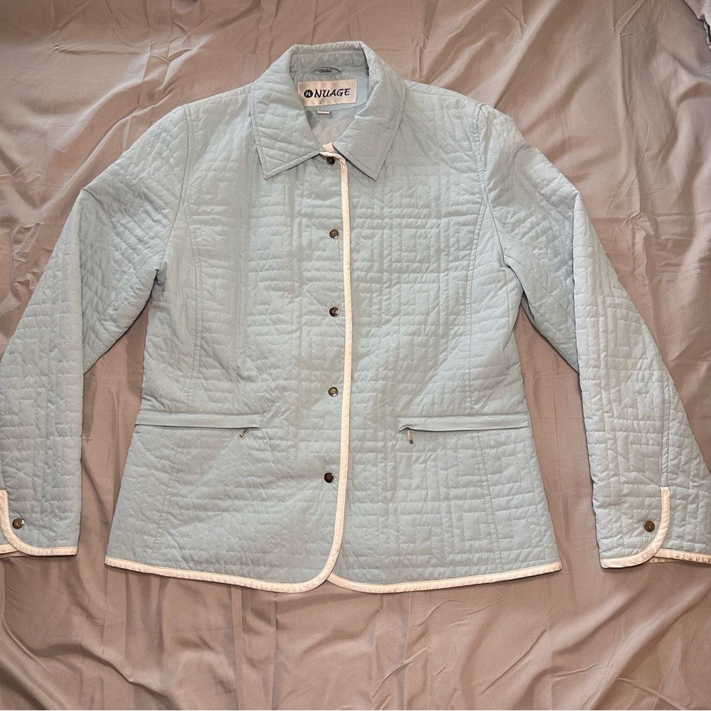 Nuage Quilted Jacket Light Blue Women’s Size M White Trim Button Down